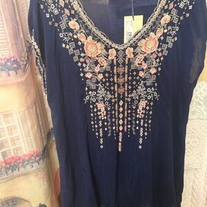 Johnny Was Navy Blue Embroidered Rubina Tunic